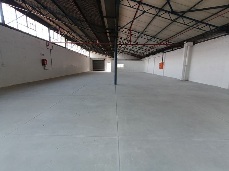 Spacious industrial warehouse featuring high ceilings with exposed steel trusses, polished concrete flooring, and integrated fire safety systems.