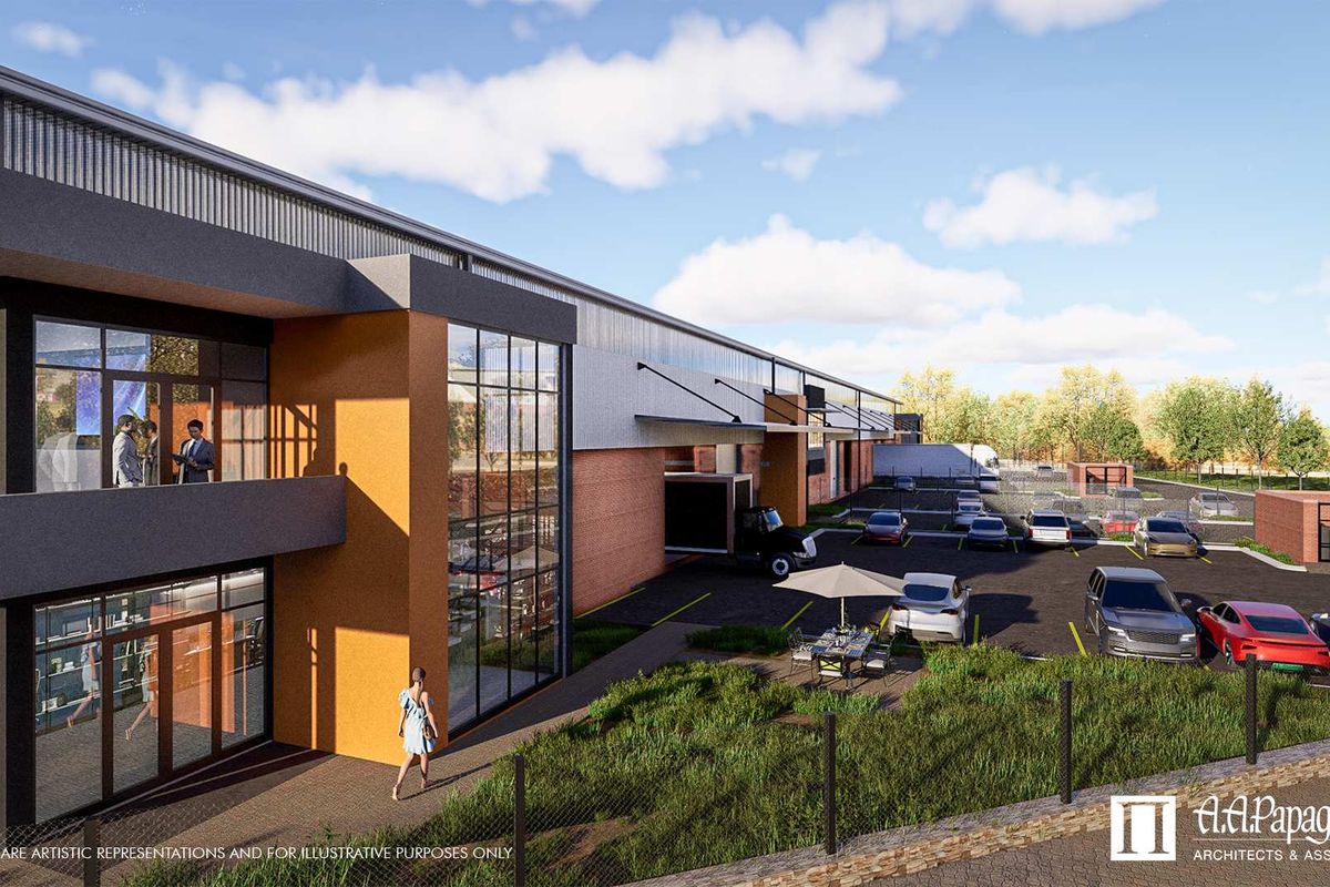 Architectural rendering of a modern industrial facility featuring large glass facades, brick accents, and an integrated parking area.