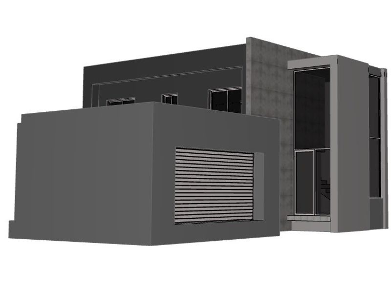 A 3D architectural render of a modern house exterior featuring a garage and large windows.