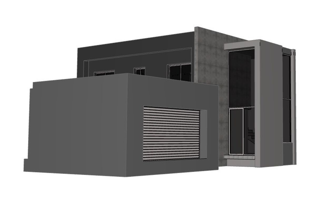 A 3D architectural render of a modern house exterior featuring a garage and large windows.