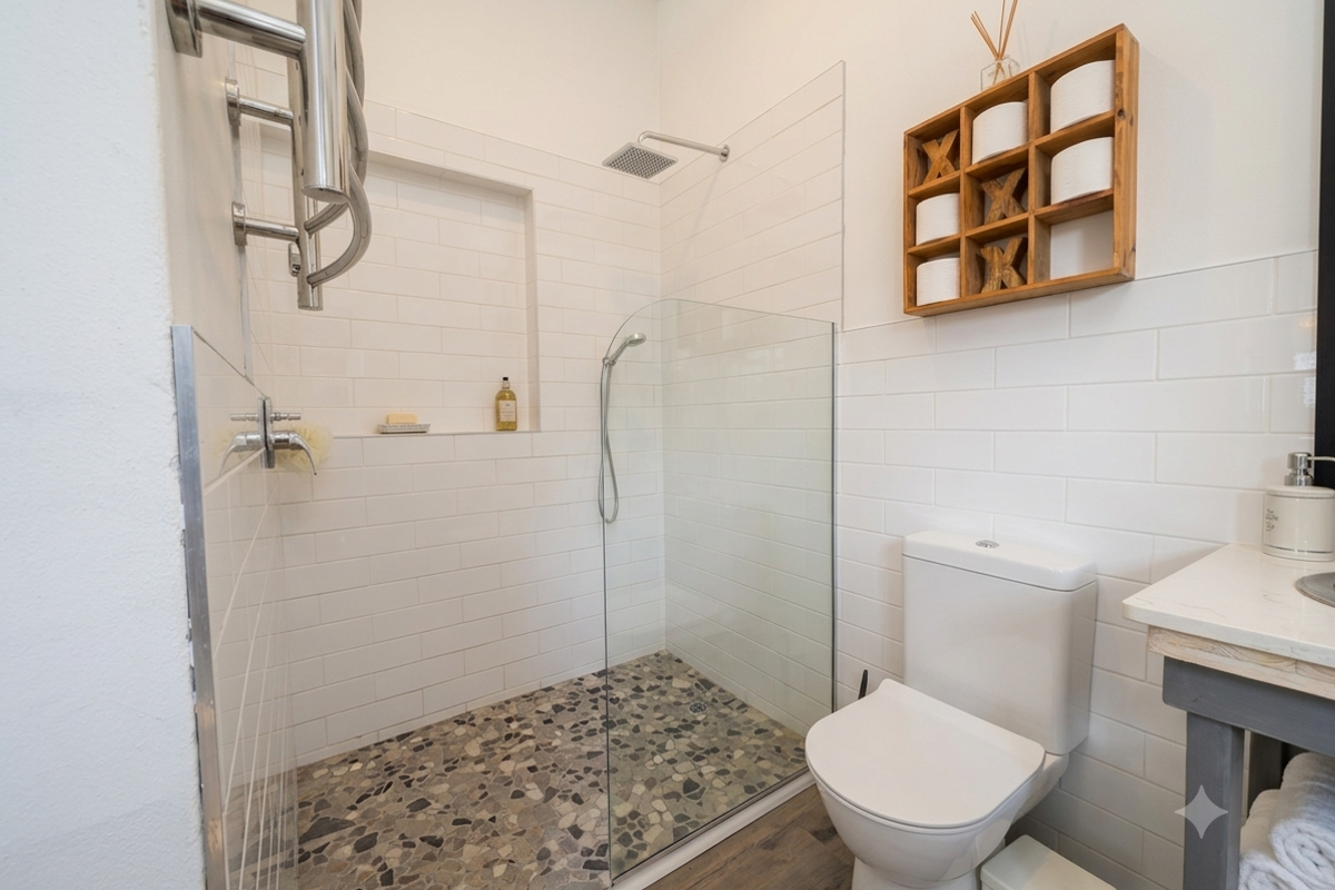 Modern bathroom featuring a walk-in shower with pebble flooring, subway wall tiles, a built-in niche, and a heated towel rail.