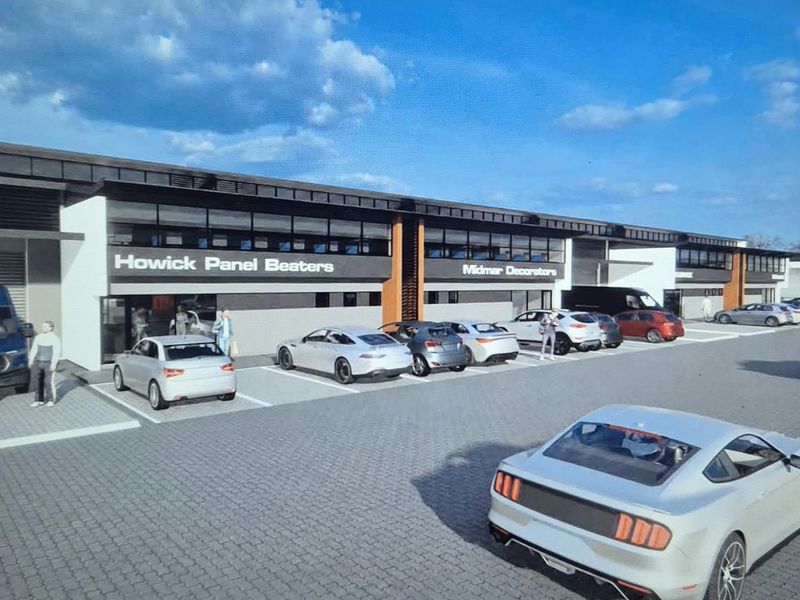 A perspective view of a modern commercial industrial complex featuring multiple units with paved parking and signage.