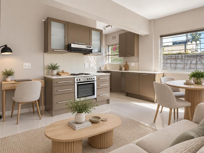 Modern open-plan living area featuring a well-appointed kitchen with built-in cabinetry, oven, and hob, seamlessly flowing into a bright dining and lounge space.