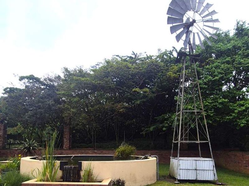 A landscaped garden area featuring a traditional metal windmill, a circular water feature, and a brick retaining wall set against mature trees.