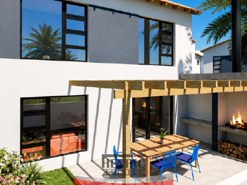 Rear exterior view of a modern townhouse featuring a paved patio, timber pergola, and a built-in braai area.
