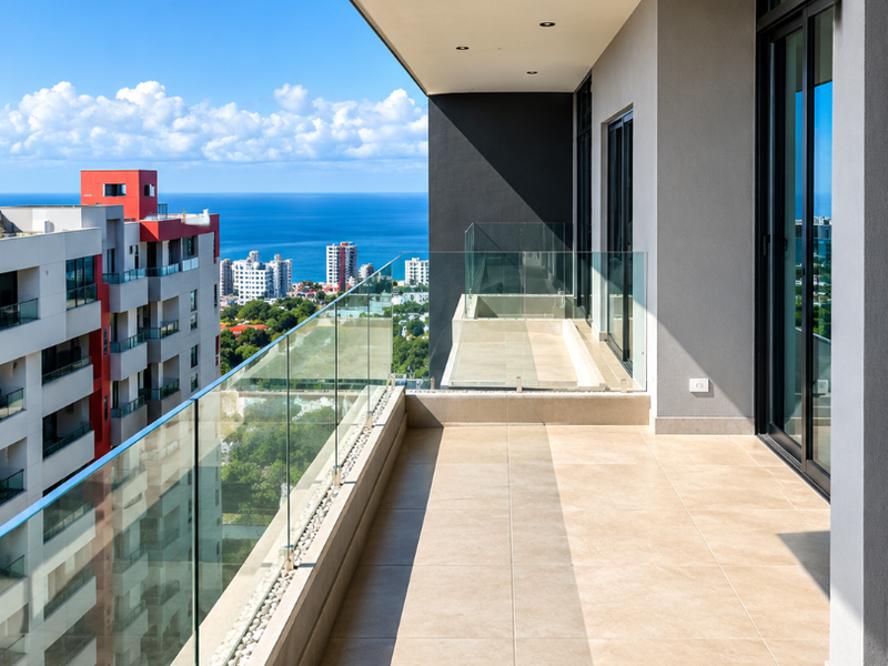 Spacious modern balcony featuring a glass balustrade, large format floor tiles, and recessed lighting, offering expansive urban and coastal views.