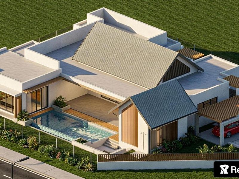 An aerial view of a modern residential property featuring a swimming pool, covered patio, and integrated carport.