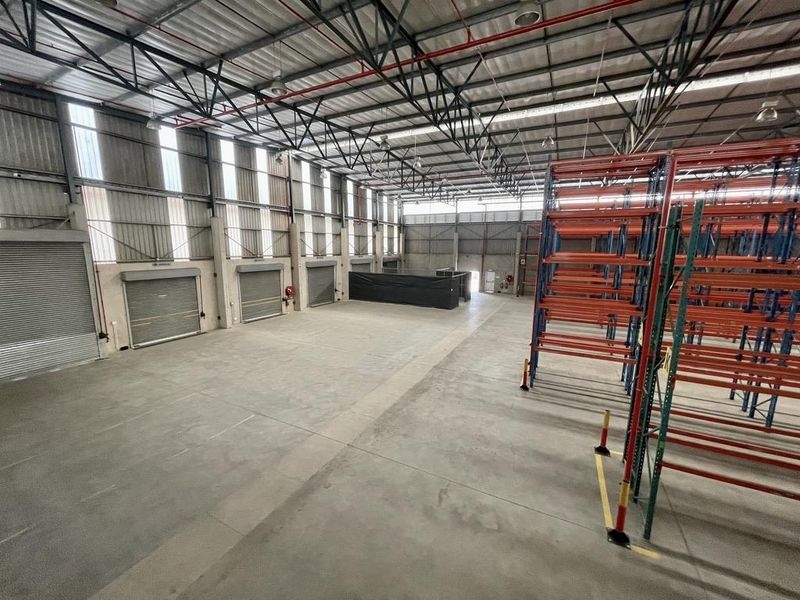 Spacious industrial warehouse featuring high ceilings with exposed steel trusses, concrete flooring, multiple roller shutter doors, and integrated heavy-duty pallet racking systems.