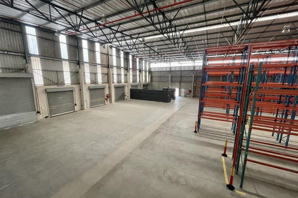 Spacious industrial warehouse featuring high ceilings with exposed steel trusses, concrete flooring, multiple roller shutter doors, and integrated heavy-duty pallet racking systems.