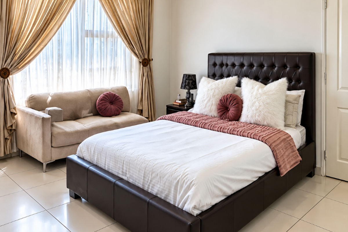A well-maintained bedroom featuring neutral tiled flooring, recessed lighting, and elegant cornicing, creating a bright and comfortable living space.