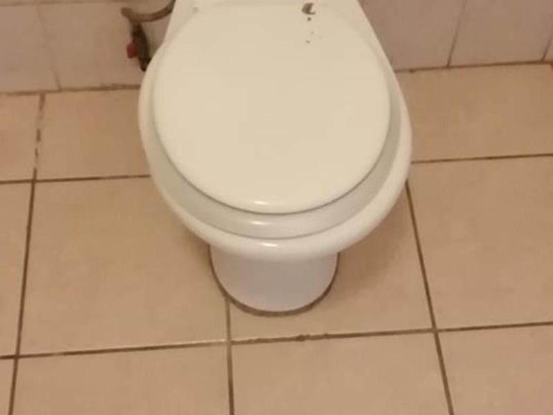 A basic bathroom featuring a standard white toilet with ceramic floor and wall tiling.