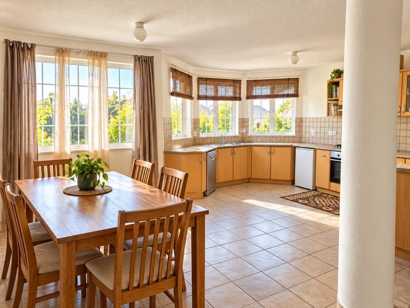 Spacious open-plan kitchen and dining area featuring tiled flooring, ample built-in cabinetry, and large windows providing natural light.
