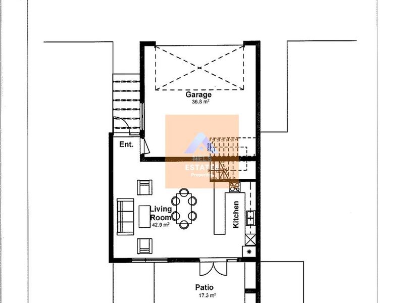 A ground floor architectural floor plan for a townhouse, detailing the layout of the garage, living area, kitchen, and patio.
