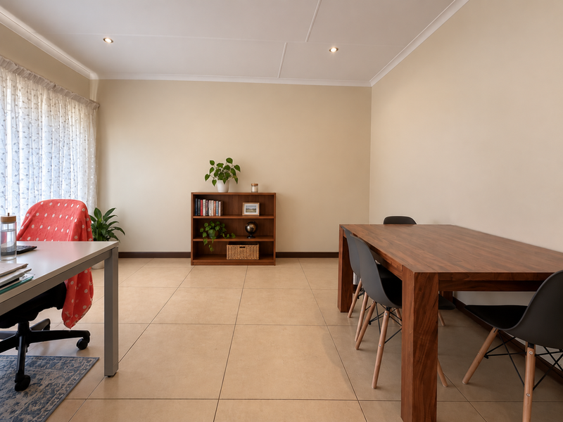 A bright and spacious living area featuring neutral wall tones, large format floor tiles, and recessed ceiling lighting.
