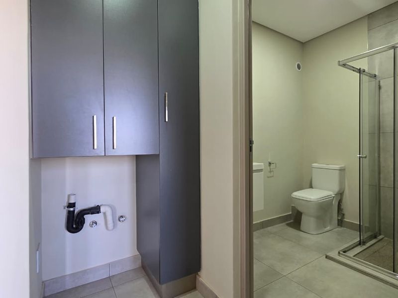 A functional laundry area with built-in cabinetry and plumbing connections, adjacent to a modern bathroom featuring a glass shower enclosure and toilet.