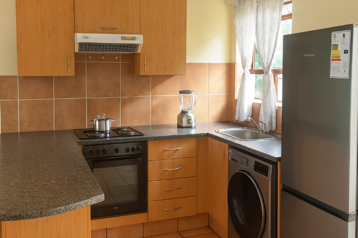 A functional kitchen featuring laminate cabinetry, granite-look countertops, built-in oven with hob, extractor fan, and integrated space for a washing machine.