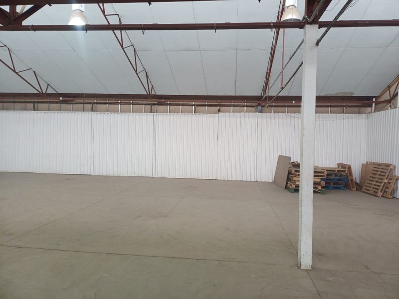 Spacious industrial utility space featuring high ceilings with exposed steel trusses, corrugated metal walls, and durable concrete flooring, suitable for storage or workshop use.