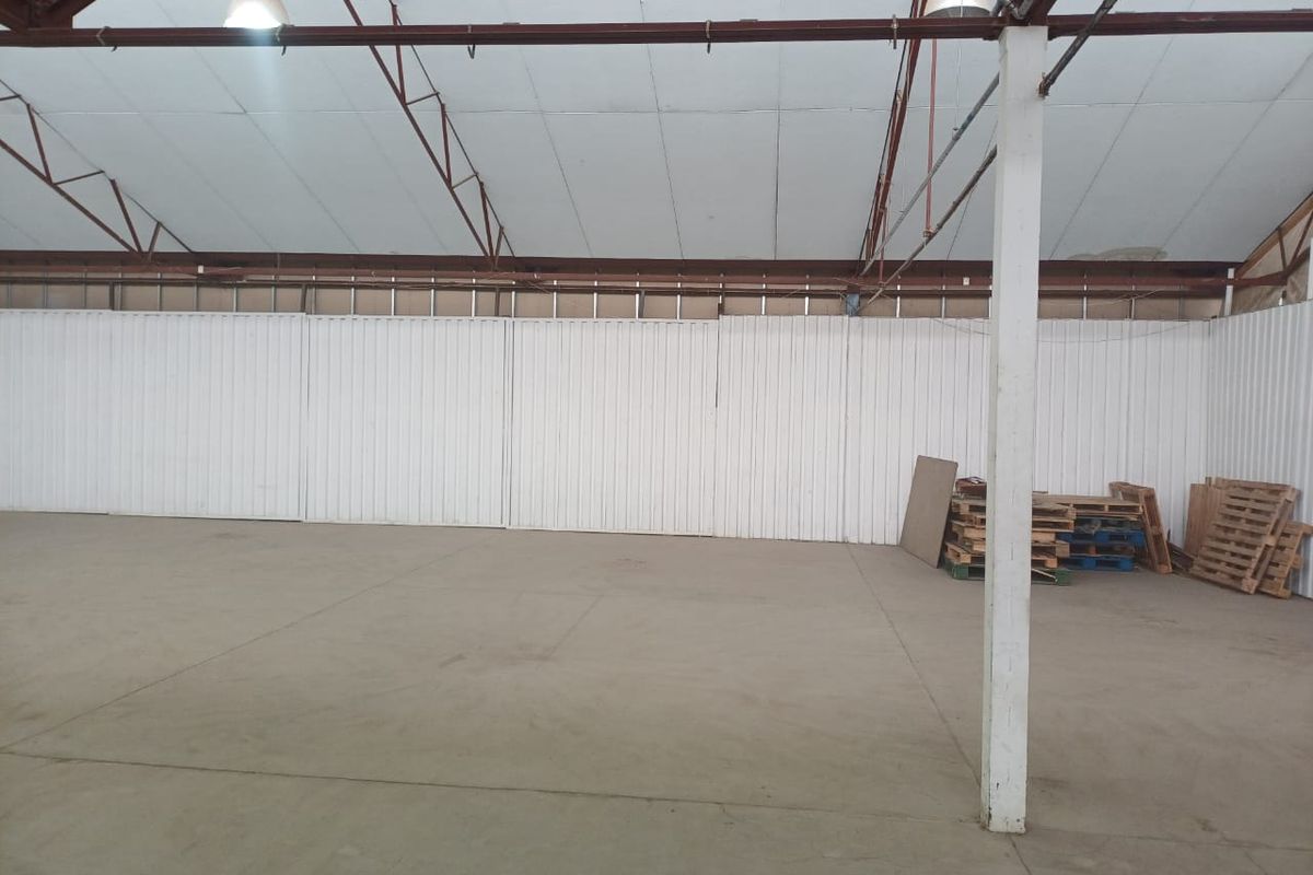 Spacious industrial utility space featuring high ceilings with exposed steel trusses, corrugated metal walls, and durable concrete flooring, suitable for storage or workshop use.
