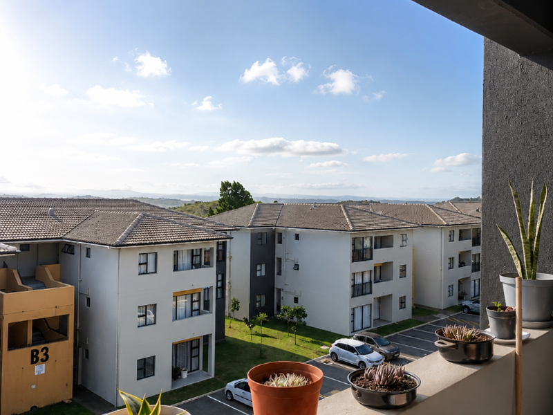 A view from a balcony overlooking the apartment complex grounds, parking area, and surrounding neighborhood.