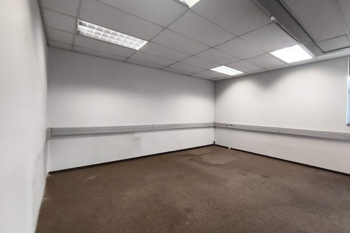 An empty industrial office space featuring a suspended ceiling with recessed lighting, perimeter trunking for cabling, and carpeted flooring.