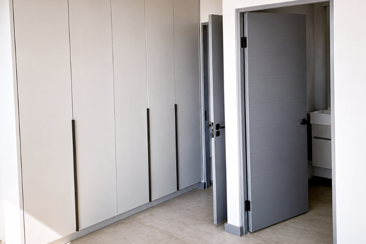 A bright, modern bedroom featuring neutral tiled flooring, extensive built-in cabinetry, and clean finishes, with an adjoining bathroom visible through the doorway.