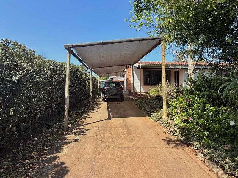 Front exterior view featuring a concrete driveway with a timber-framed shade cloth carport and established garden hedging.