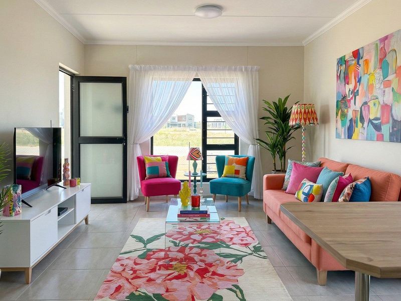 A bright and well-maintained living room featuring neutral tiled flooring, modern aluminium-framed doors and windows, and clean, contemporary finishes.