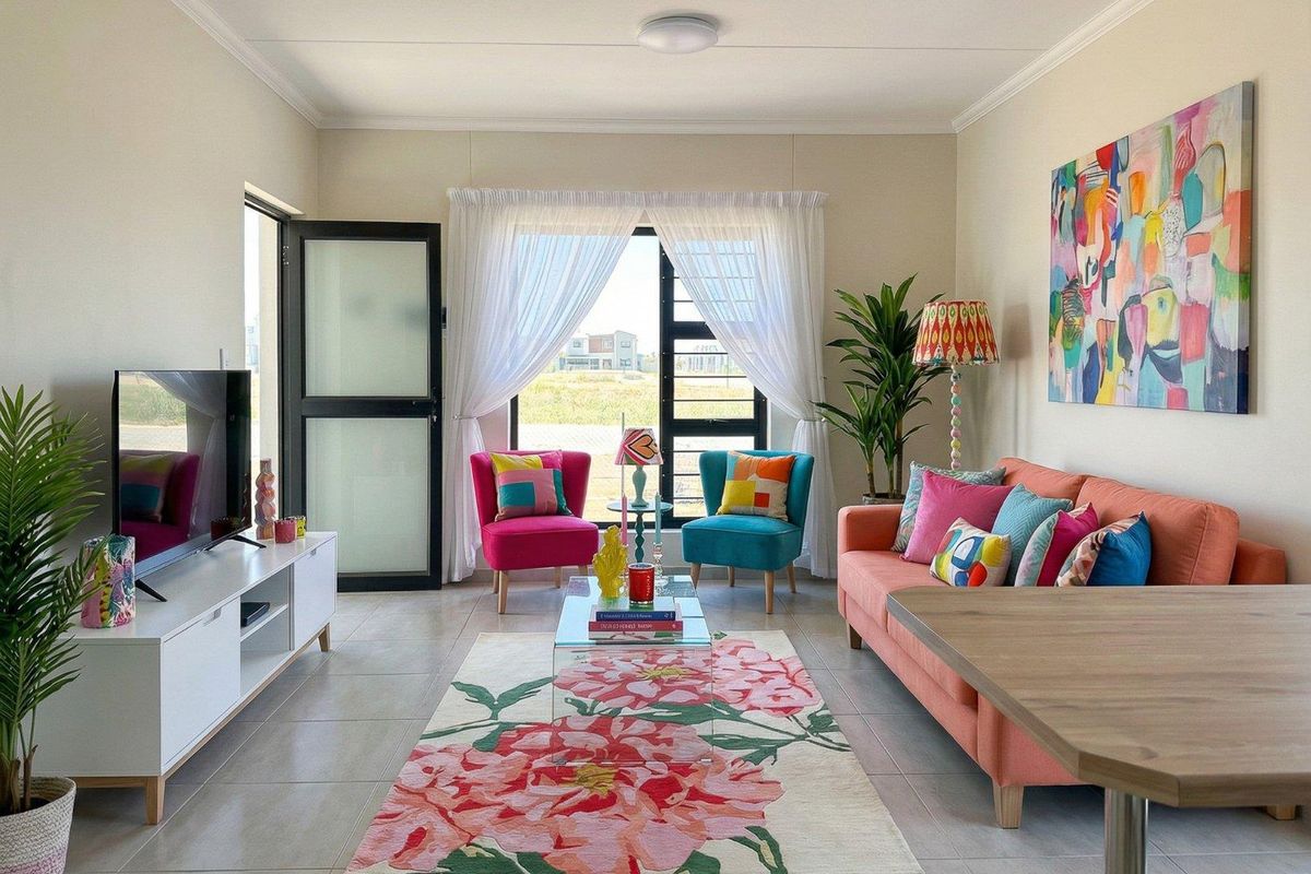 A bright and well-maintained living room featuring neutral tiled flooring, modern aluminium-framed doors and windows, and clean, contemporary finishes.