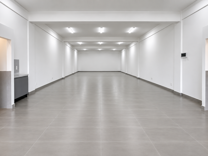A spacious, modern, and empty office area featuring neutral tiled flooring, recessed ceiling lighting, and a minimalist built-in kitchenette unit.