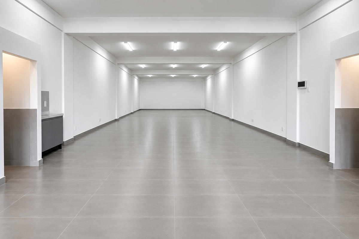 A spacious, modern, and empty office area featuring neutral tiled flooring, recessed ceiling lighting, and a minimalist built-in kitchenette unit.
