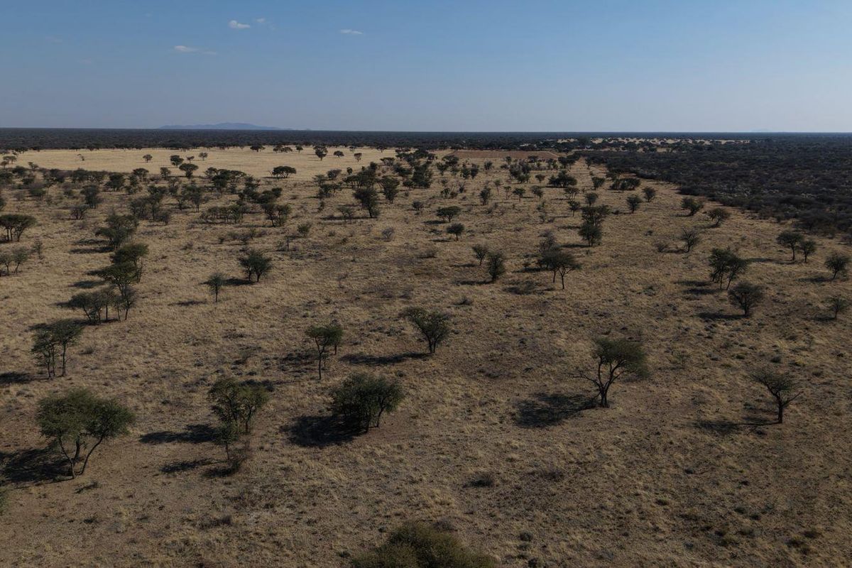 An expansive aerial view of the farm property, showcasing the vast open landscape and natural vegetation.