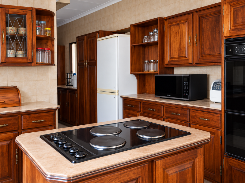 A traditional kitchen featuring extensive wooden cabinetry, stone countertops, a central island with an electric cooktop, and a built-in wall oven.