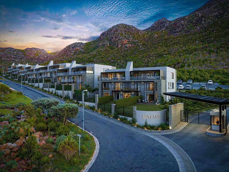 A high-quality architectural rendering of the La Mare apartment complex, featuring modern stone-clad facades, secure gated entrance, and landscaped surroundings against a mountain backdrop.