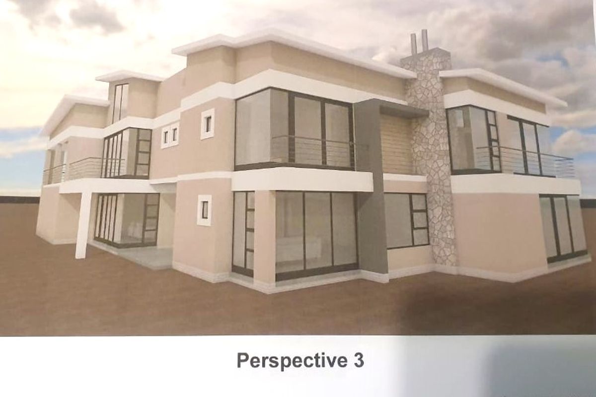 A 3D architectural rendering of a modern multi-story house featuring stone cladding, large glass windows, and multiple balconies.