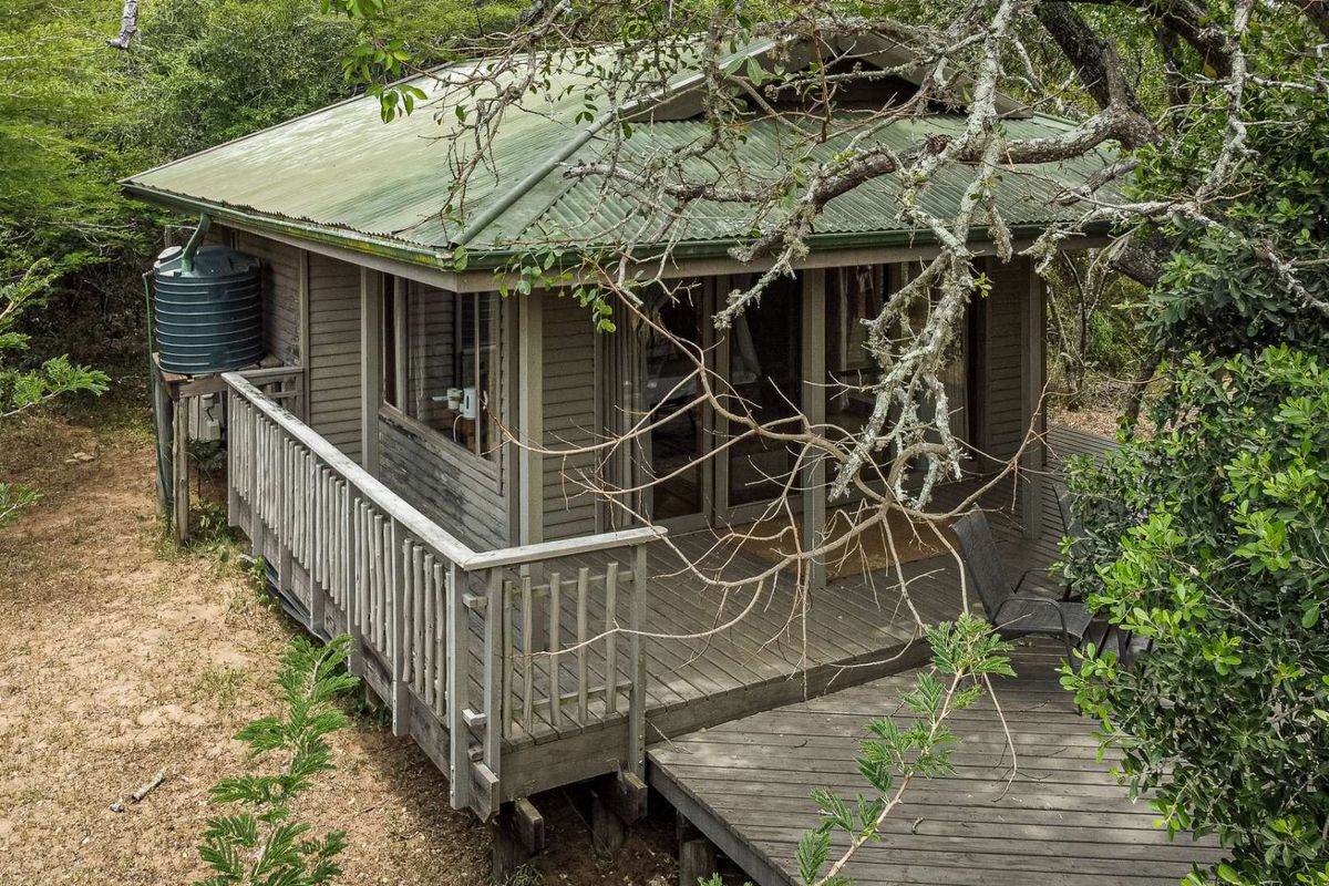 A rustic timber cabin featuring a corrugated metal roof, wrap-around wooden decking, and an integrated water storage tank set within a natural bush environment.
