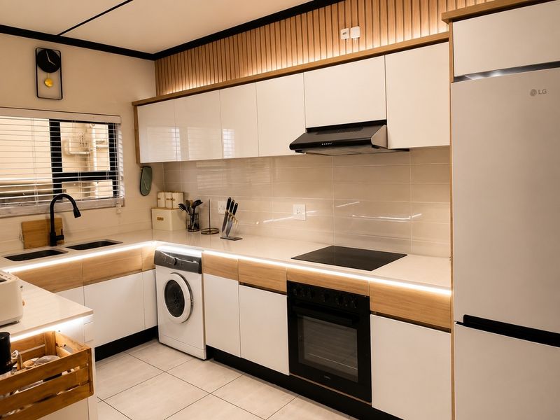 Modern, well-appointed kitchen featuring sleek white cabinetry, wood accents, integrated appliances, quartz countertops, and stylish under-cabinet lighting.