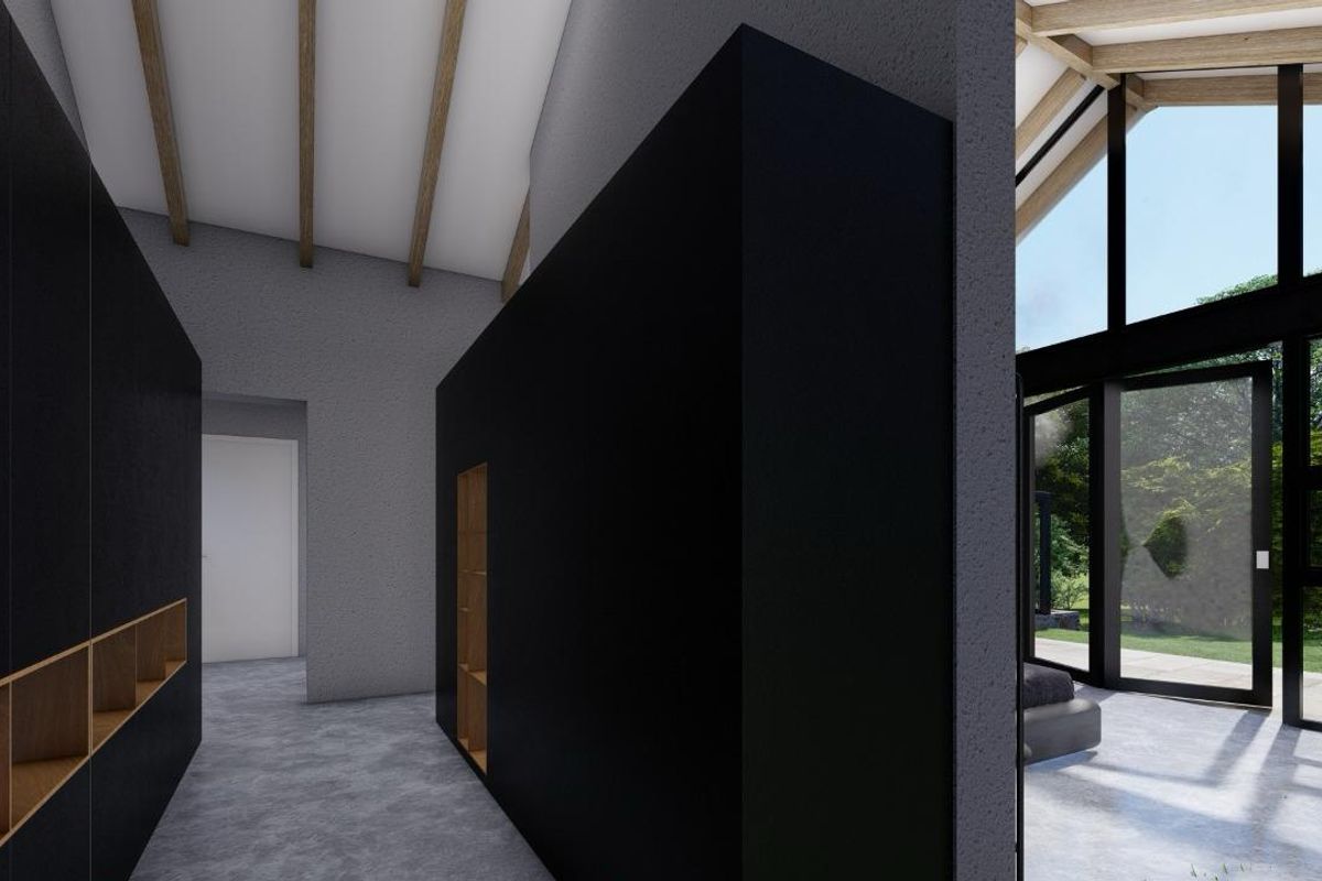 Modern interior space featuring high vaulted ceilings with exposed timber beams, polished concrete flooring, and large floor-to-ceiling windows overlooking the garden.