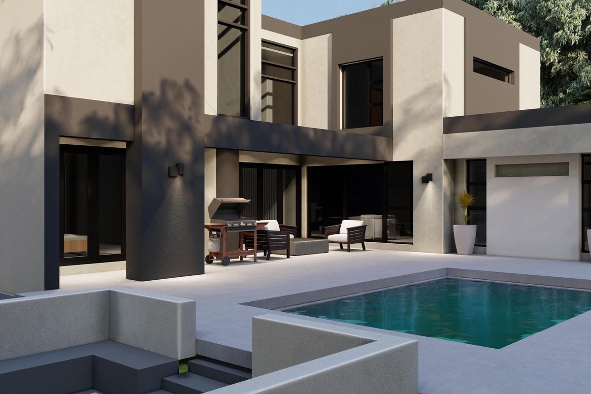 Modern rear exterior featuring a contemporary swimming pool, paved patio area, and clean architectural lines with integrated outdoor lighting.