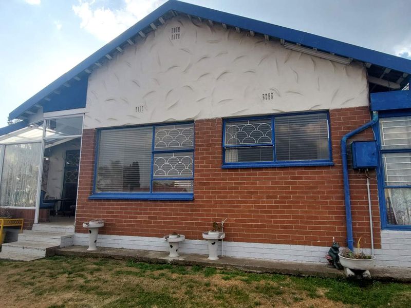 Rear view of a brick house featuring a textured gable, blue-painted window frames with security bars, and concrete steps leading to the entrance.
