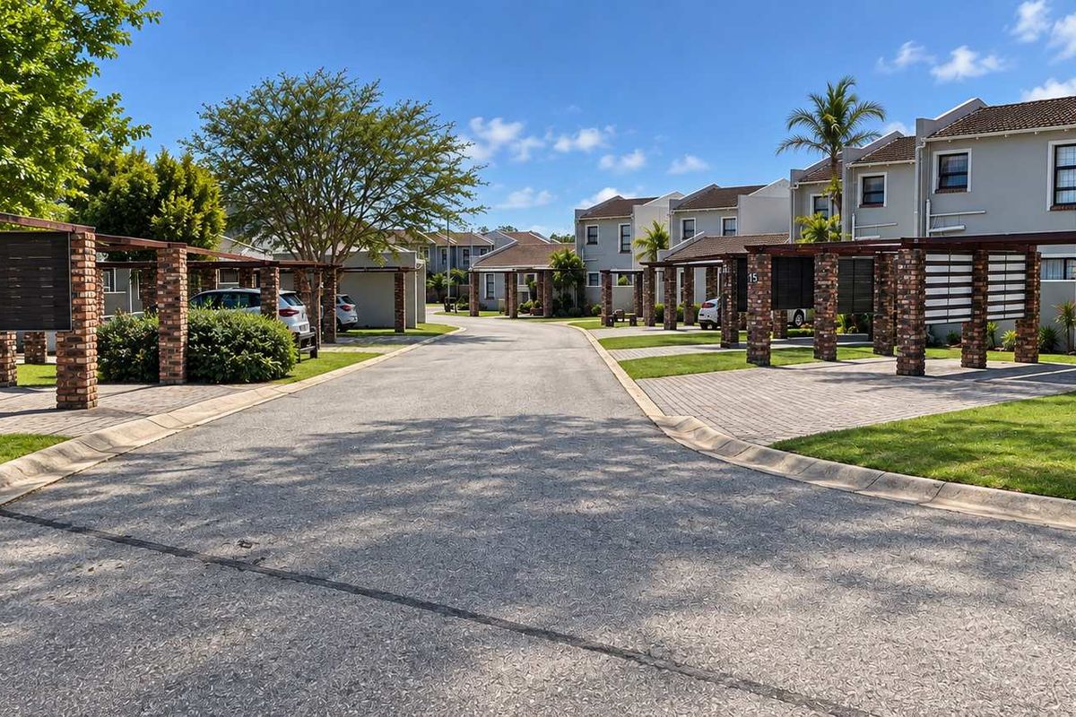 A well-maintained residential townhouse complex street view featuring paved driveways, brick carport structures, and landscaped green spaces under a clear sky.