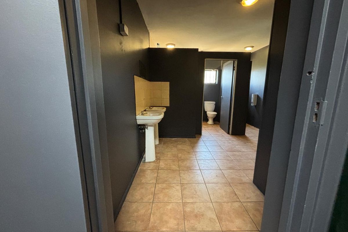 Industrial style communal bathroom featuring pedestal wash basins, tiled flooring, and a separate toilet cubicle with dark painted walls.