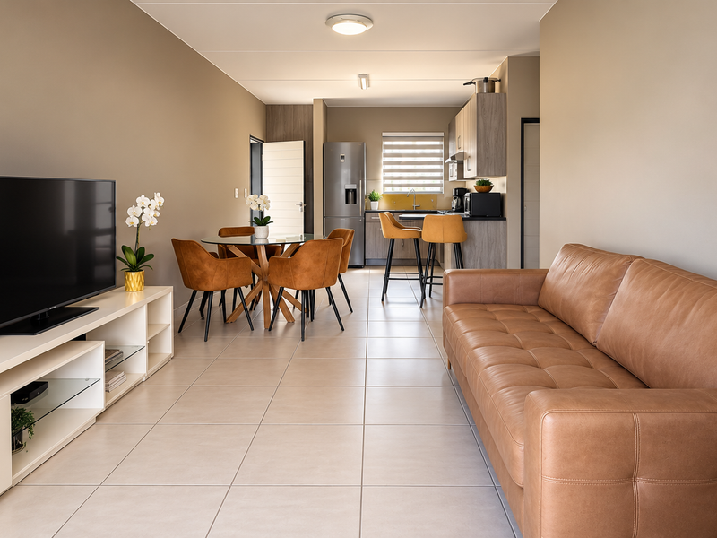A modern open-plan living and kitchen area featuring neutral tiled flooring, contemporary cabinetry, and a functional breakfast bar layout.