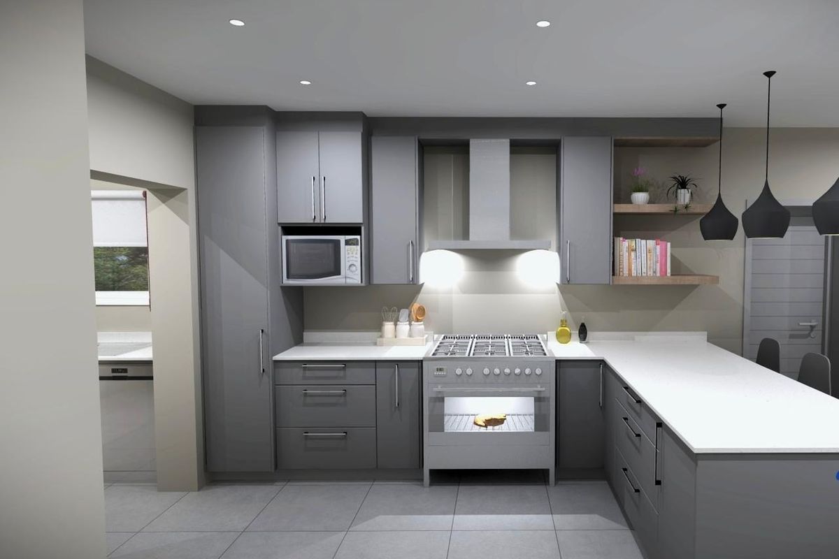 Modern kitchen featuring grey cabinetry, stone countertops, a built-in microwave, and a stainless steel gas stove with an extractor fan.