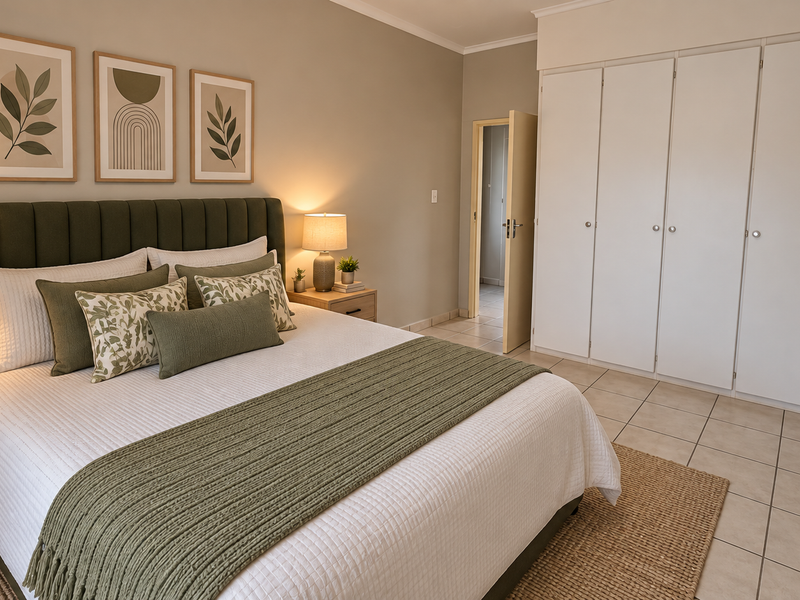 A well-maintained bedroom featuring neutral wall tones, tiled flooring, and ample built-in cupboard storage.