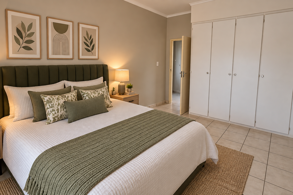 A well-maintained bedroom featuring neutral wall tones, tiled flooring, and ample built-in cupboard storage.