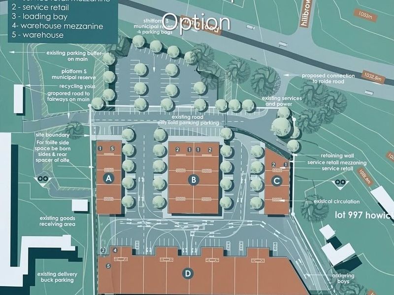 A detailed site development plan for a commercial retail and warehouse project, outlining building footprints, parking, and access routes.