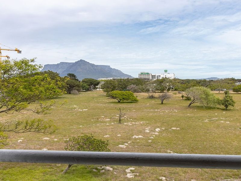 A scenic view overlooking an open field with Table Mountain in the background, captured from a balcony with a metal railing.