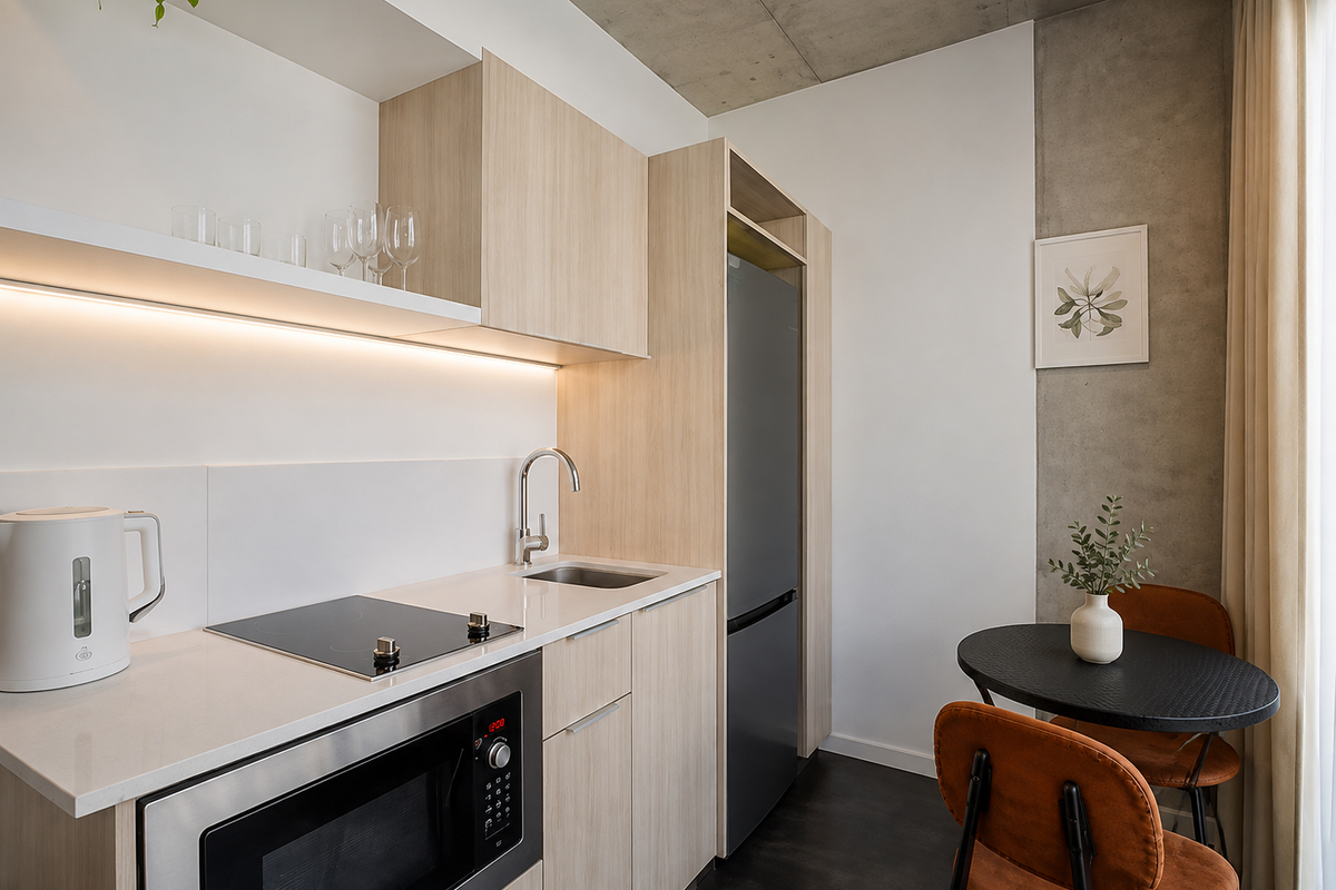 Modern compact kitchen featuring light wood cabinetry, stone countertops, integrated appliances, and an exposed concrete ceiling, creating a sleek and functional culinary space.