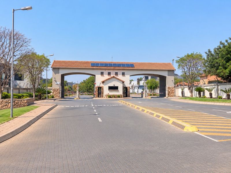 The main entrance gatehouse of the residential estate, featuring a paved driveway, security infrastructure, and solar panels on the roof.