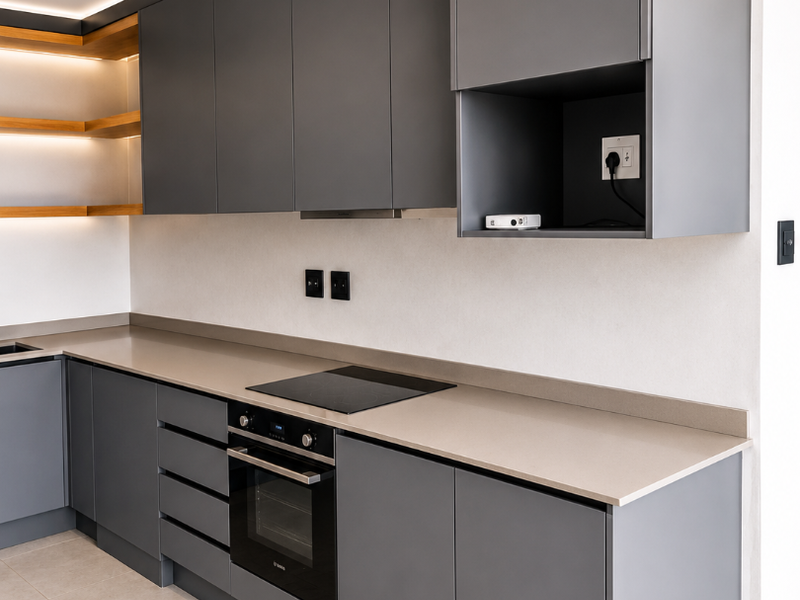Modern kitchen featuring sleek grey cabinetry, stone countertops, integrated electric hob and oven, and stylish floating shelves with ambient lighting.